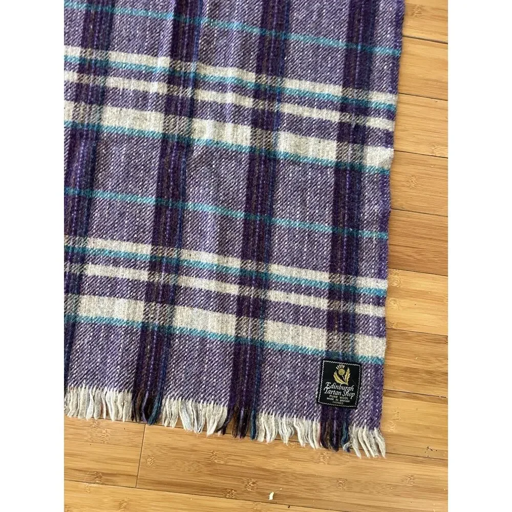Edinburgh Tartan Shop Pure Wool Purple Blue Grey Plaid Blanket 63x55” Britain
